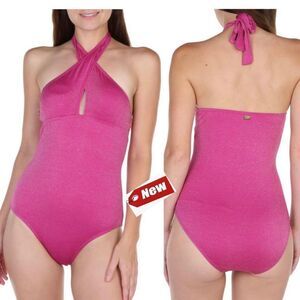 𝅺JONES New York Women's Solid Glitter One Piece Swimsuit Fuchsia Sz L NWT